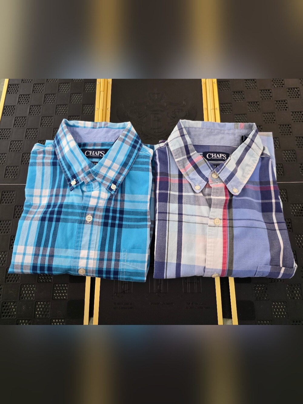 Lot Of 2 CHAPS Easy Care Mens Size L Plaid Button Down Shirt Cotton/Polyester
